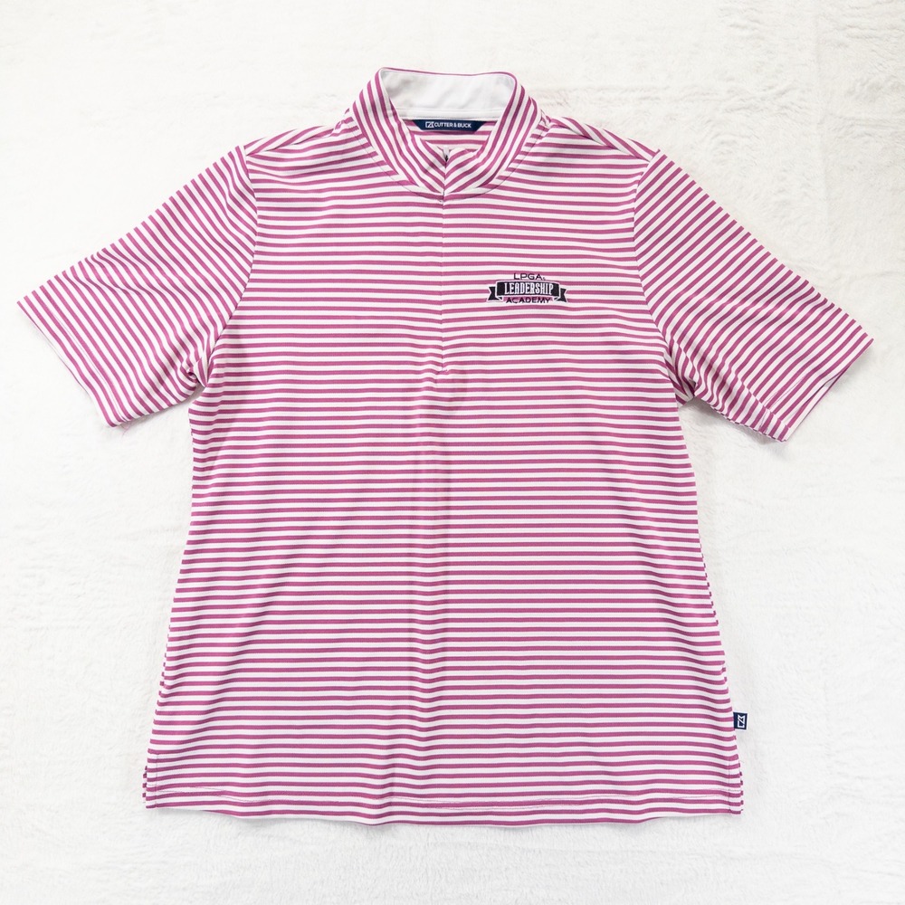 Cutter & Buck Womens Polo Shirt Large Pink Striped LPGA Leadership Academy Golf